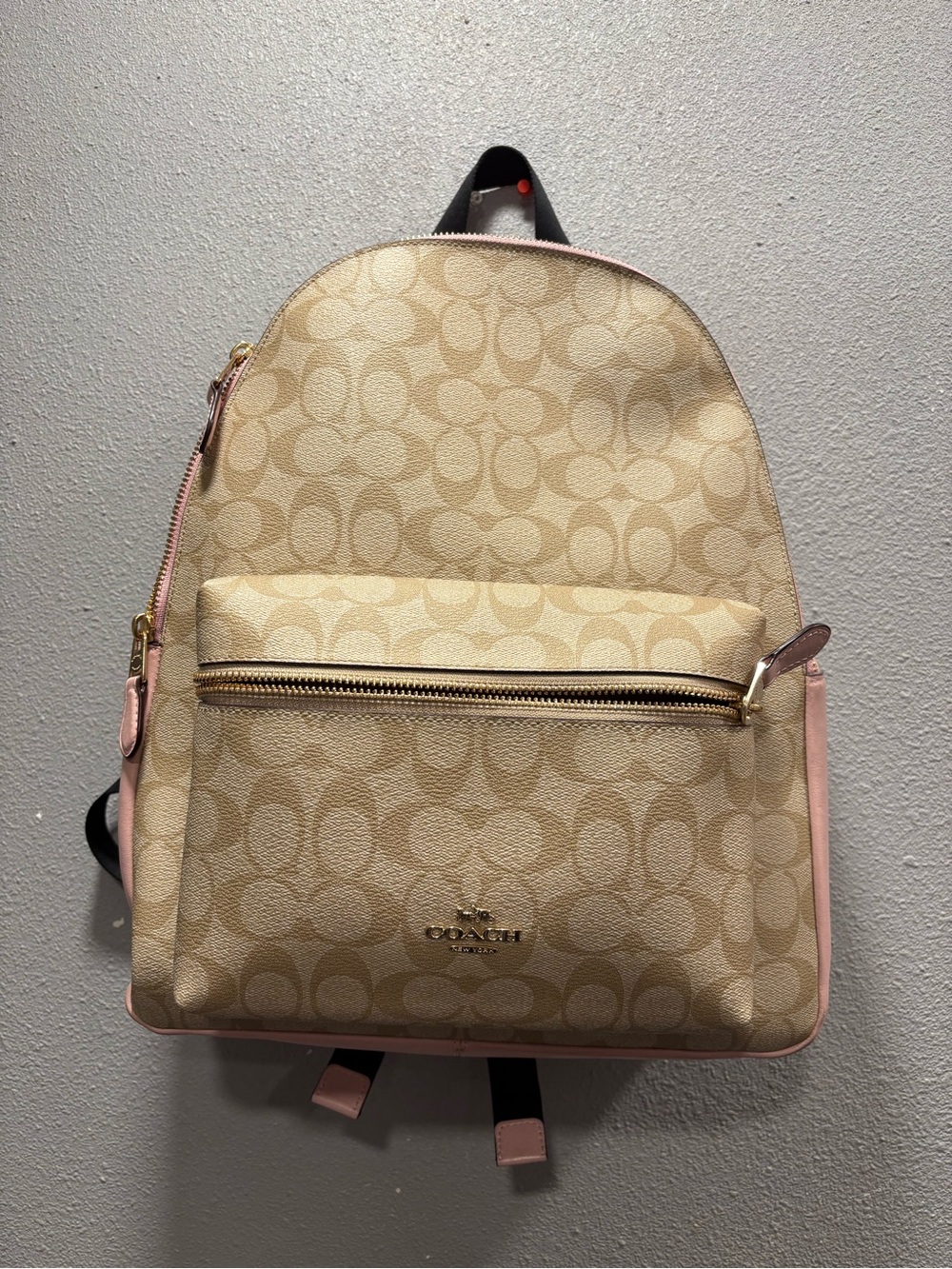 Coach Beige Signature Canvas Backpack with Pink Trim